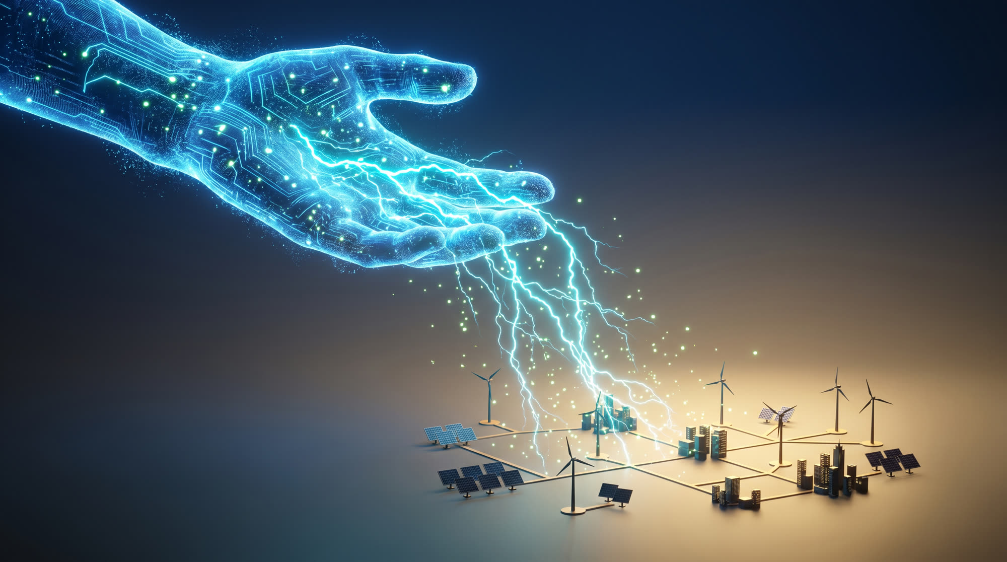 An electric hand of the Digital Giant pouring clean energy into a small power grid